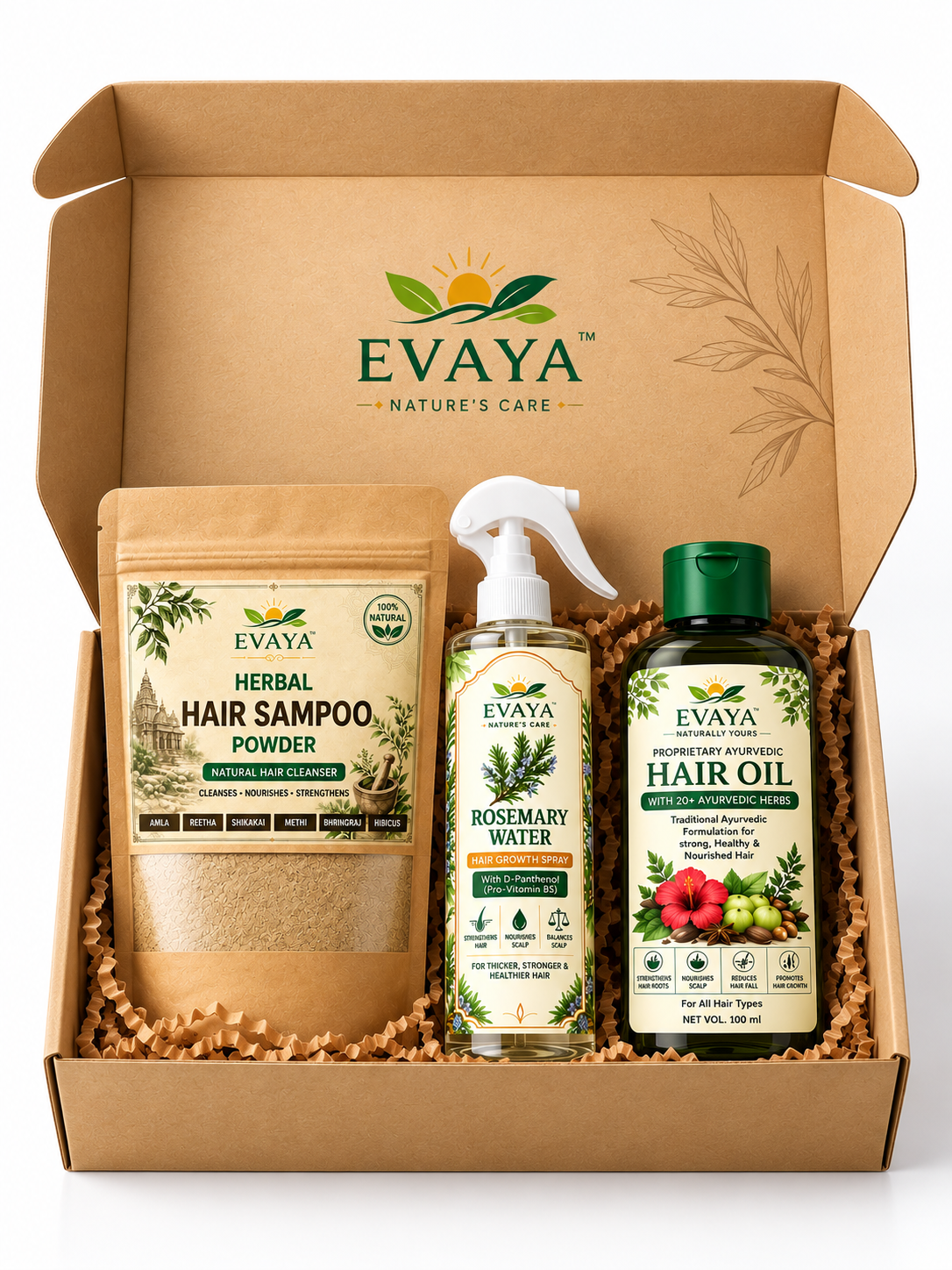 EVAYA Complete Herbal Hair Care Kit – Hair Oil + Rosemary Water + Herbal Shampoo Powder